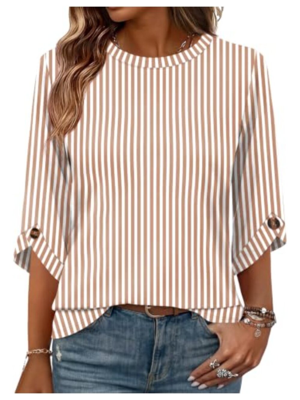 Womens Tunic Top 3/4 Roll Tab Sleeve Button Blouse Crew Neck